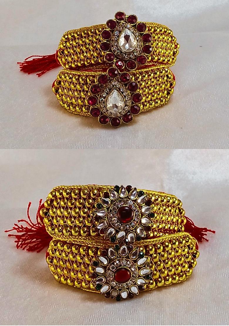 Adjustable Brass Golden Stone Stud Gold Plated Rajasthani Pochu Bracelet Bajuband