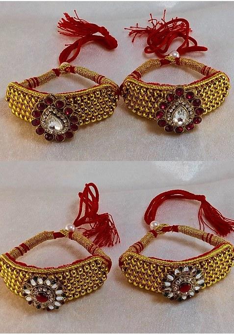 Adjustable Brass Golden Stone Stud Gold Plated Rajasthani Pochu Bracelet Bajuband