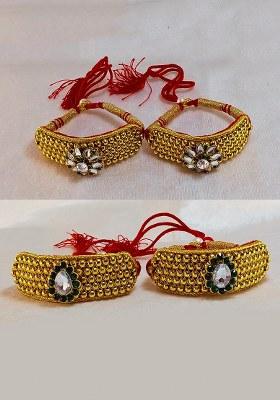Adjustable Brass Golden Stone Stud Gold Plated Rajasthani Pochu Bracelet Bajuband