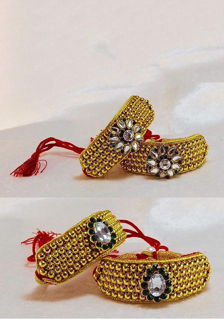 Adjustable Brass Golden Stone Stud Gold Plated Rajasthani Pochu Bracelet Bajuband