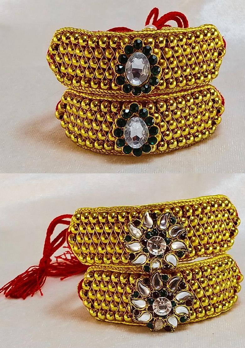 Adjustable Brass Golden Stone Stud Gold Plated Rajasthani Pochu Bracelet Bajuband