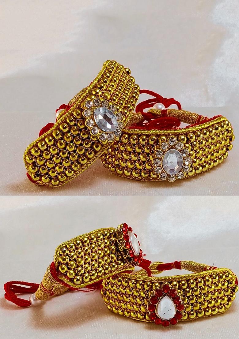 Adjustable Brass Golden Stone Stud Gold Plated Rajasthani Pochu Bracelet Bajuband