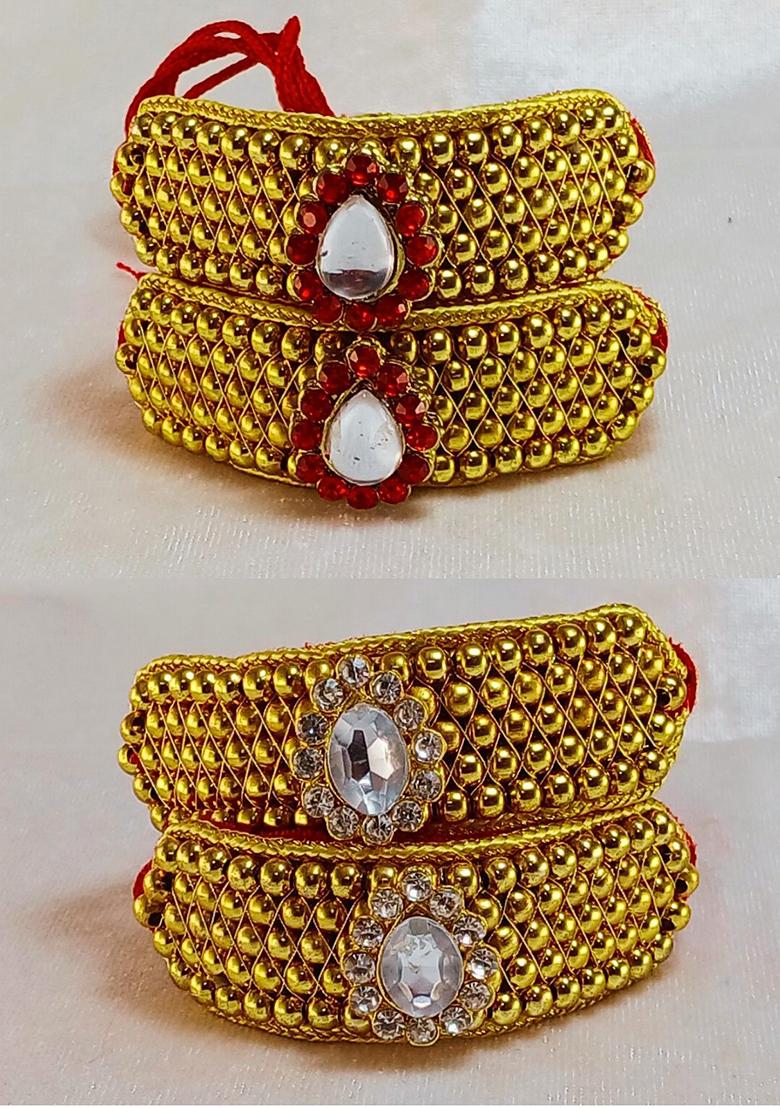 Adjustable Brass Golden Stone Stud Gold Plated Rajasthani Pochu Bracelet Bajuband