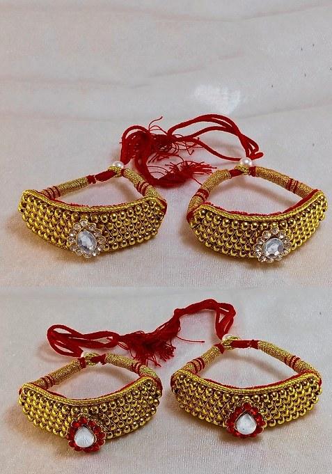 Adjustable Brass Golden Stone Stud Gold Plated Rajasthani Pochu Bracelet Bajuband