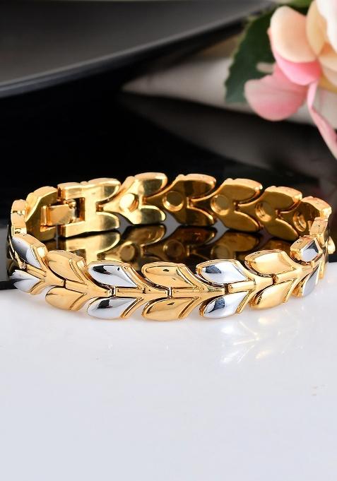 Gold Toned And Silver Toned Stainless Steel Magnetic Wheat Chain Bracelet