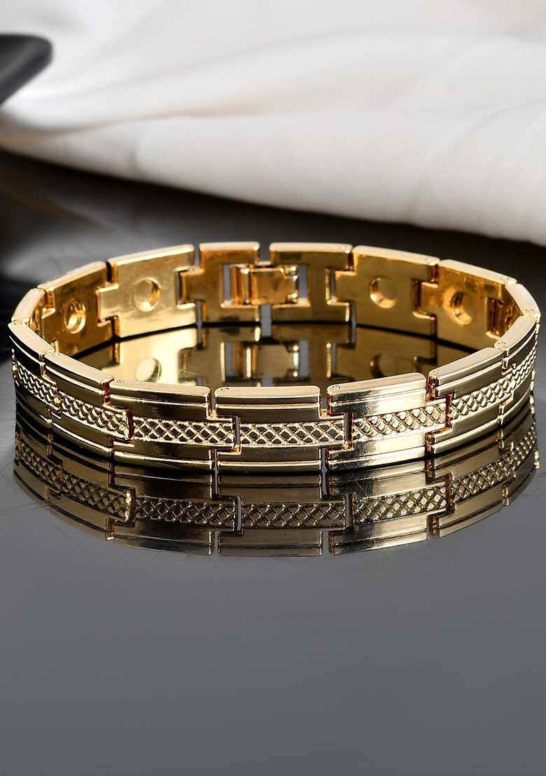 Men Gold Toned Stainless Steel Grid Pattern Chain Bracelet - Indya