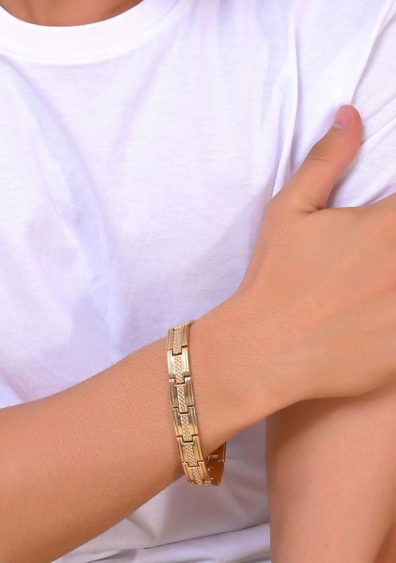 Men Gold Toned Stainless Steel Grid Pattern Chain Bracelet - Indya