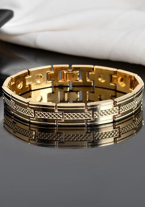 Men Gold Toned Stainless Steel Grid Pattern Chain Bracelet