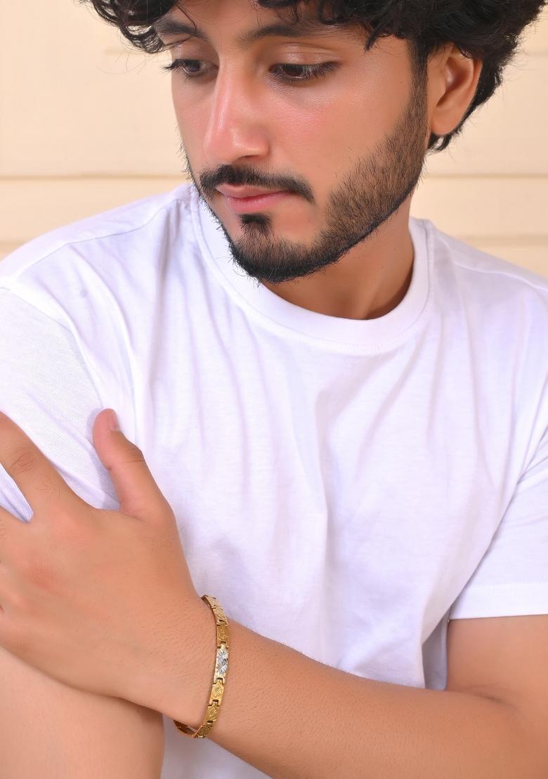Gold And Silver Toned Stainless Steel Textural Bracelet For Men