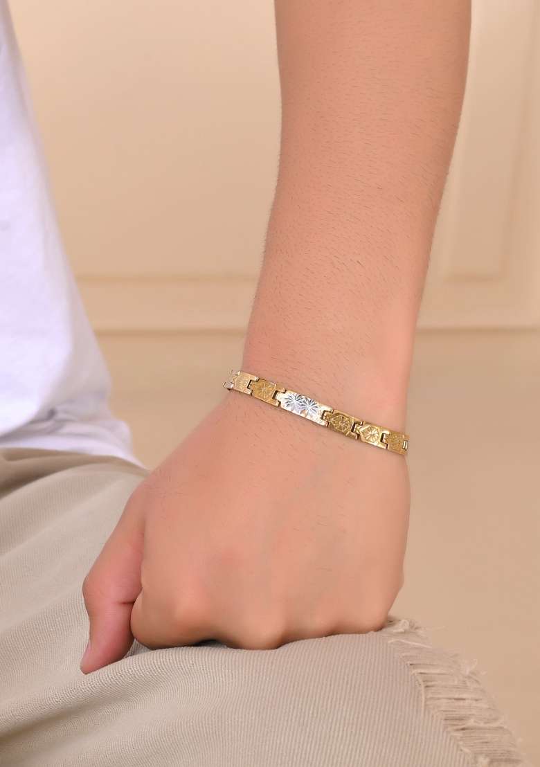 Gold And Silver Toned Stainless Steel Textural Bracelet For Men - Indya