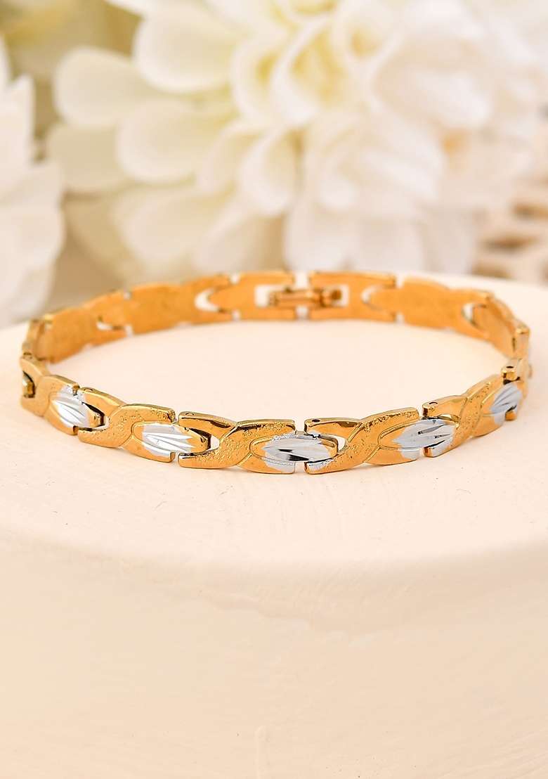 Gold And Silver Toned Stainless Steel Textural Linked Bracelet For Men - Indya