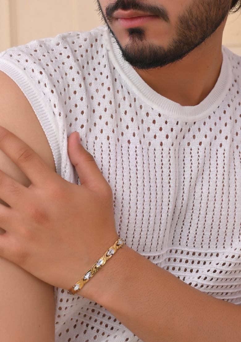 Gold And Silver Toned Stainless Steel Textural Linked Bracelet For Men