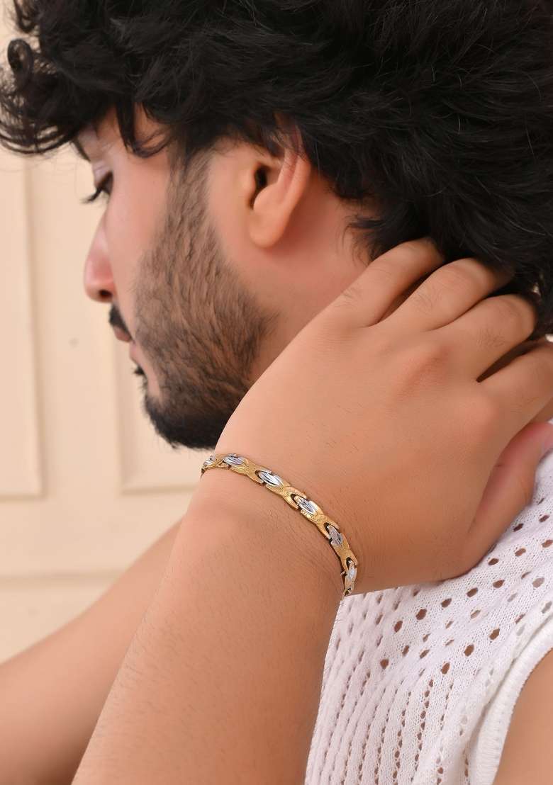 Gold And Silver Toned Stainless Steel Textural Linked Bracelet For Men - Indya