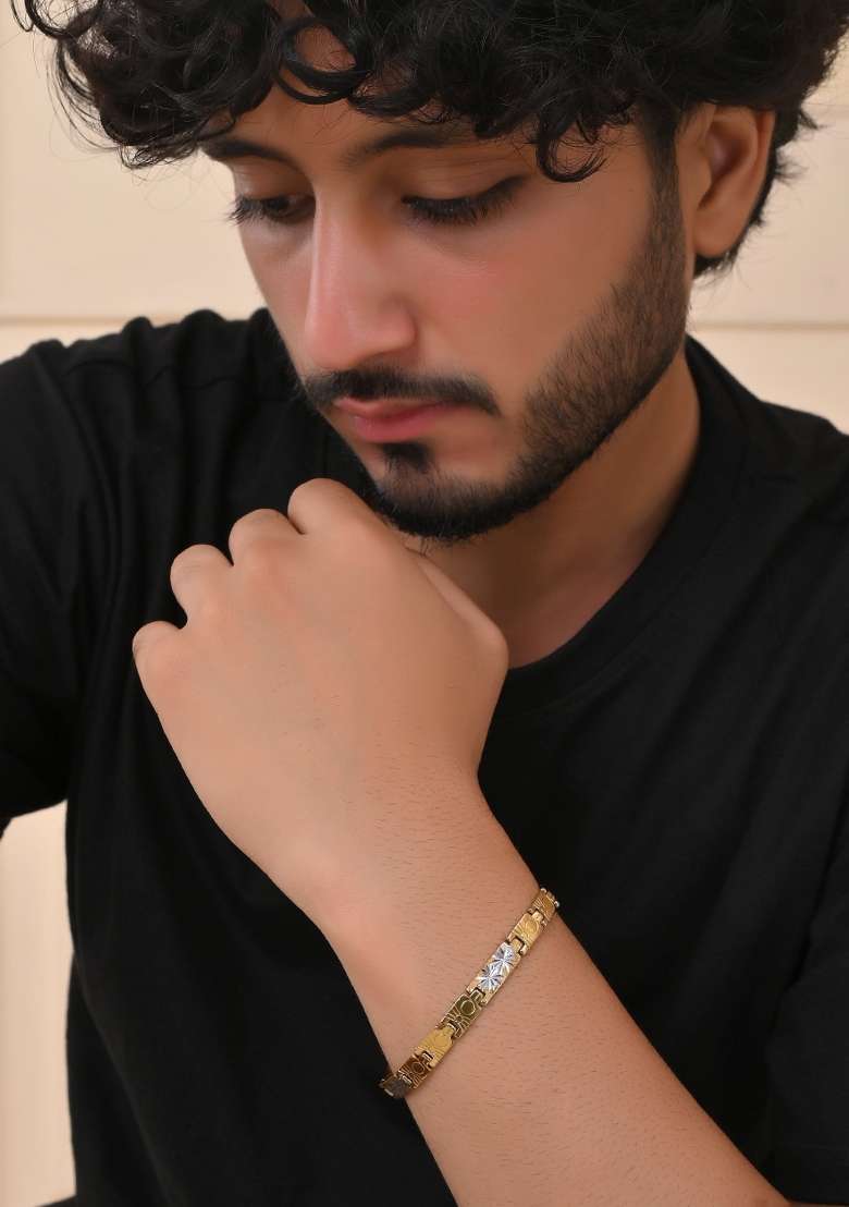 Gold And Silver Toned Stainless Steel Linked Bracelet For Men - Indya