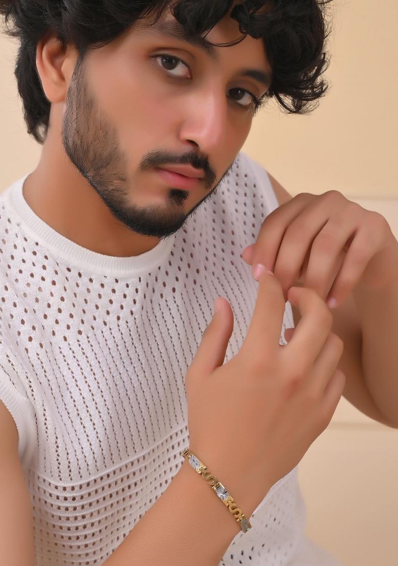 Gold And Silver Toned Stainless Steel Dolor Sign Bracelet For Men