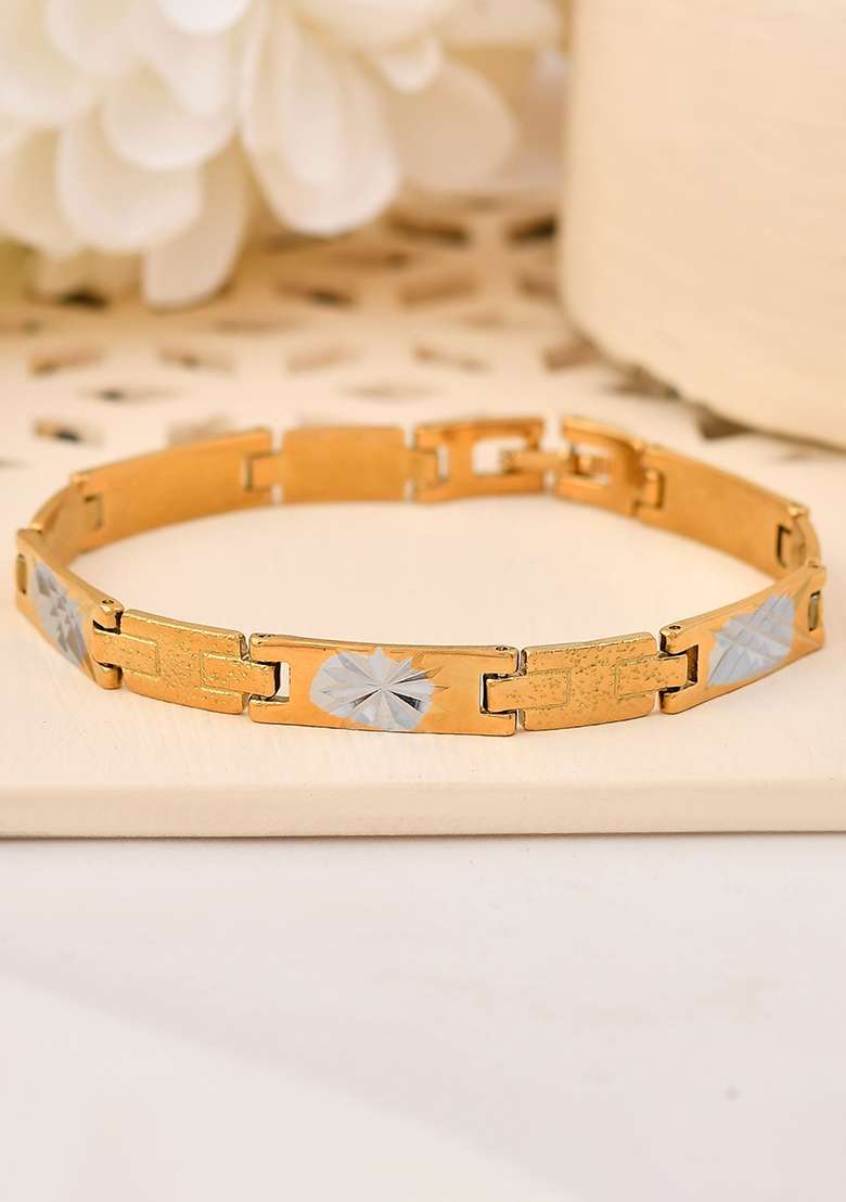 Gold And Silver Toned Stainless Steel Textural Designer Bracelet For Men - Indya