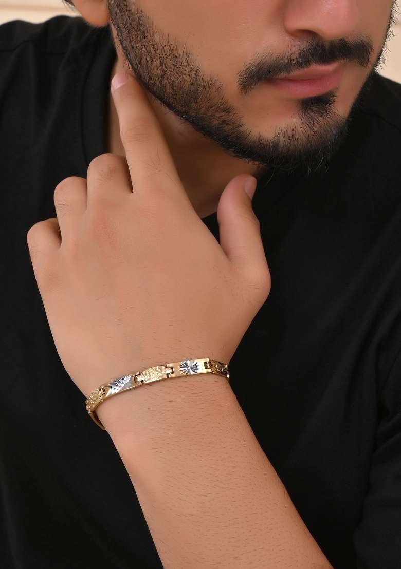 Gold And Silver Toned Stainless Steel Textural Designer Bracelet For Men - Indya
