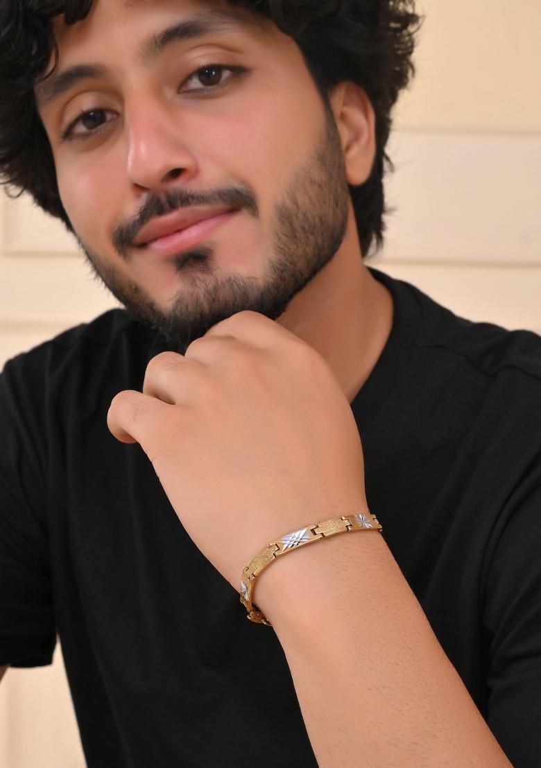 Gold And Silver Toned Stainless Steel Textural Designer Bracelet For Men