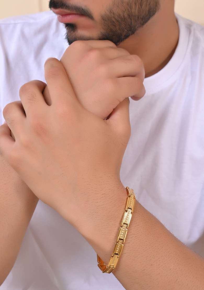 Men Gold Plated Textural Link Bracelet - Indya