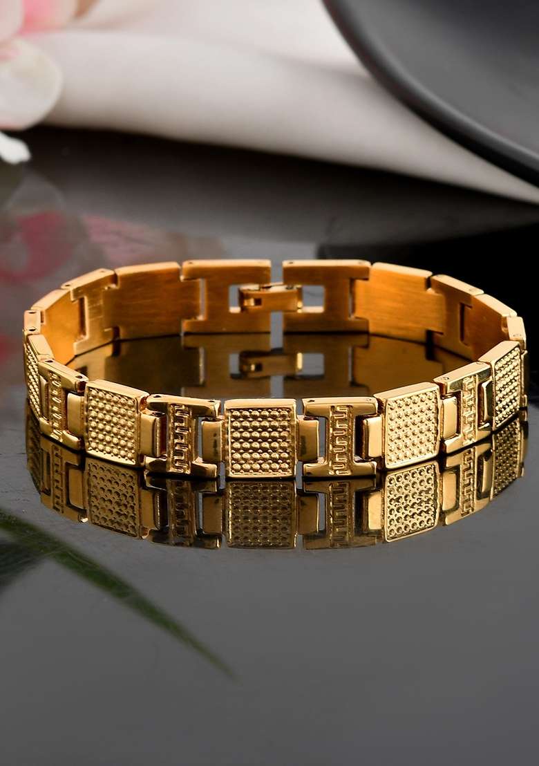 Men Gold Toned Stainless Steel Textured Chain Bracelet - Indya