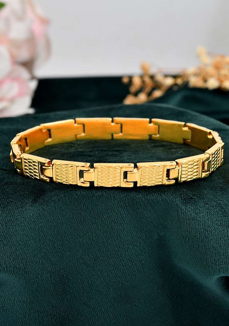 Men Gold Toned Stainless Steel Linked Designer Chain Bracelet - Indya