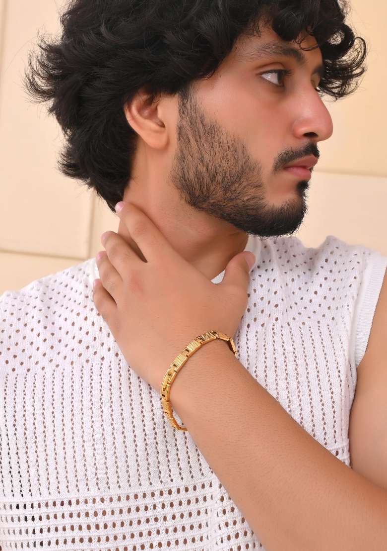 Men Gold Toned Stainless Steel Linked Designer Chain Bracelet - Indya