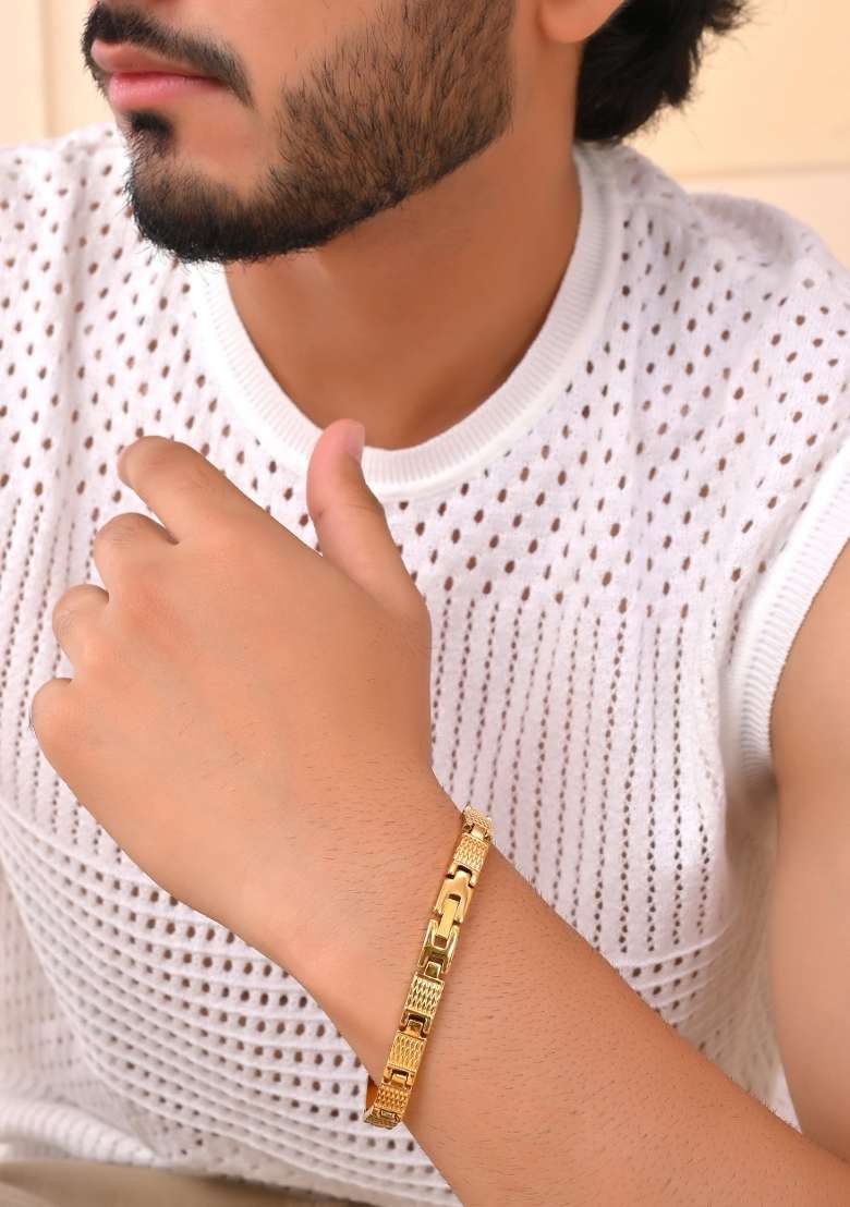 Men Gold Toned Stainless Steel Linked Designer Chain Bracelet - Indya