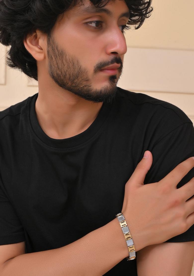 Men Dual Toned Stainless Steel Textured Chain Bracelet