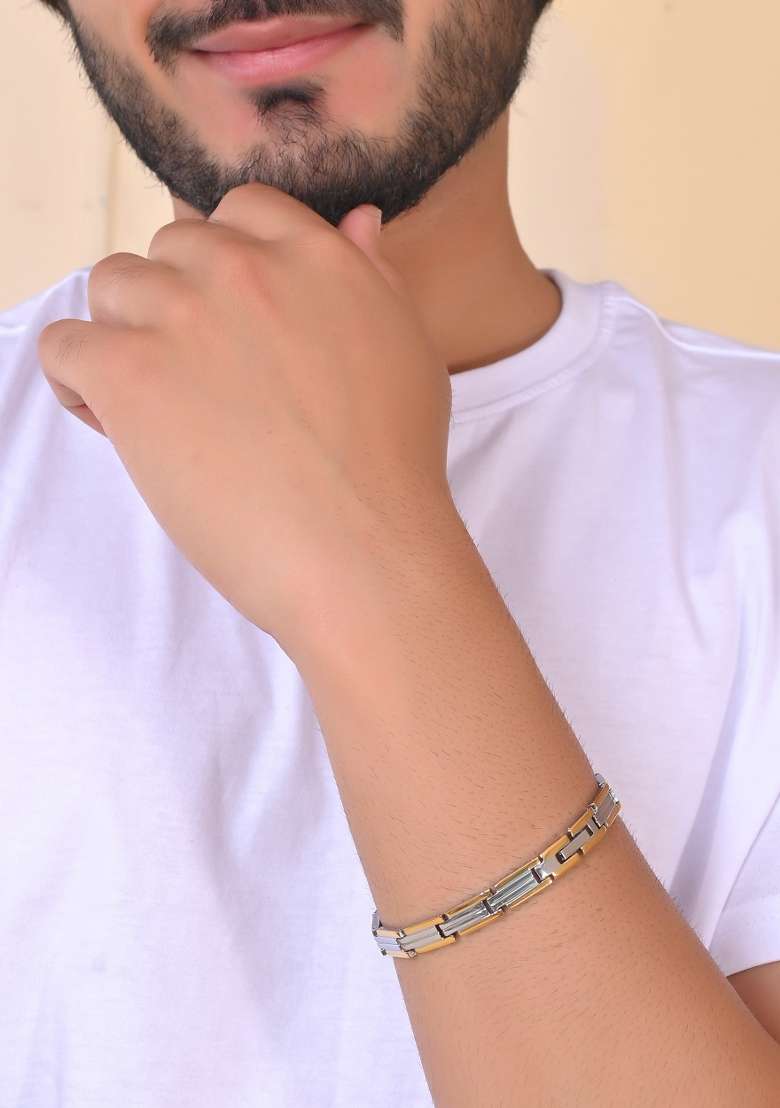 Men Double Toned Stainless Steel Linked Chain Bracelet - Indya