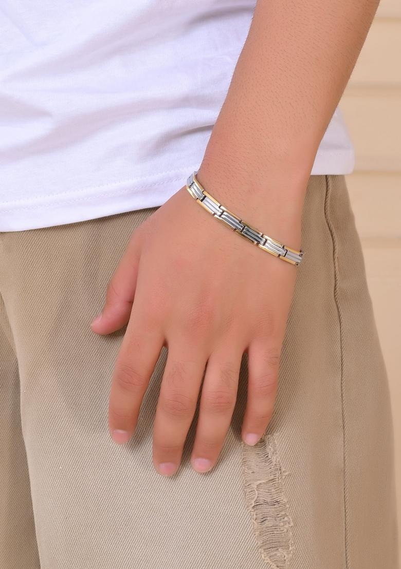 Men Double Toned Stainless Steel Linked Chain Bracelet