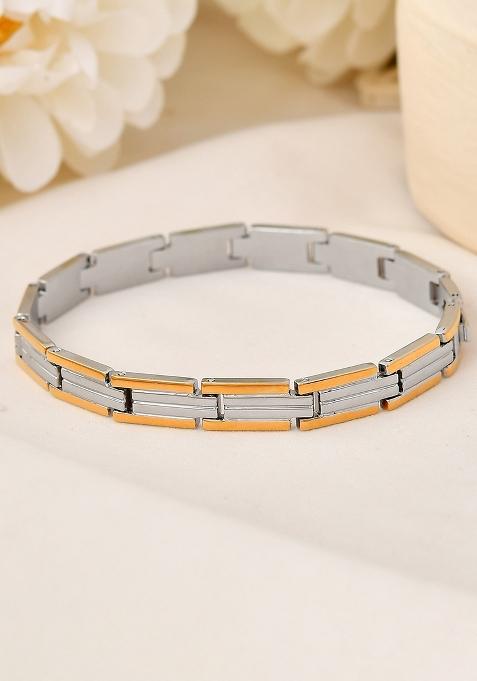 Men Double Toned Stainless Steel Linked Chain Bracelet