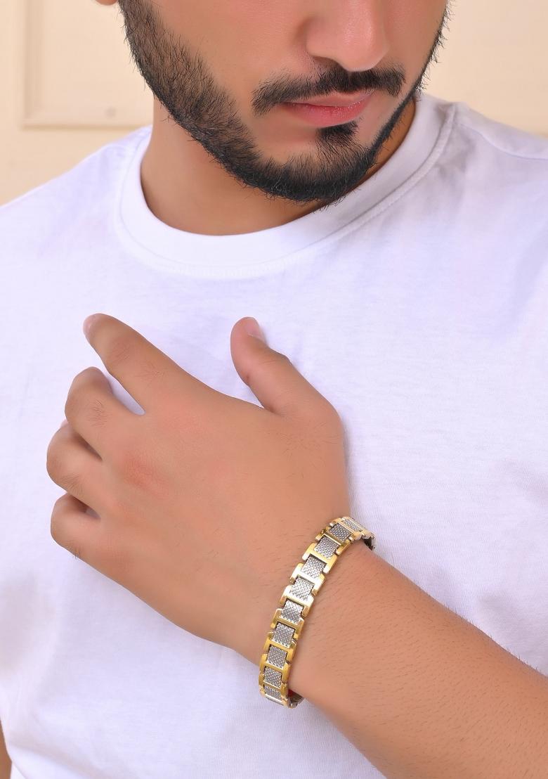 Silver And Gold Plated Stylish Geometrical Shaped Menbracelet