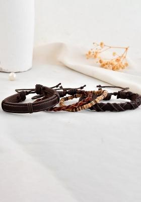 Men Set Of 4 Brown Leather Wraparound Bracelet