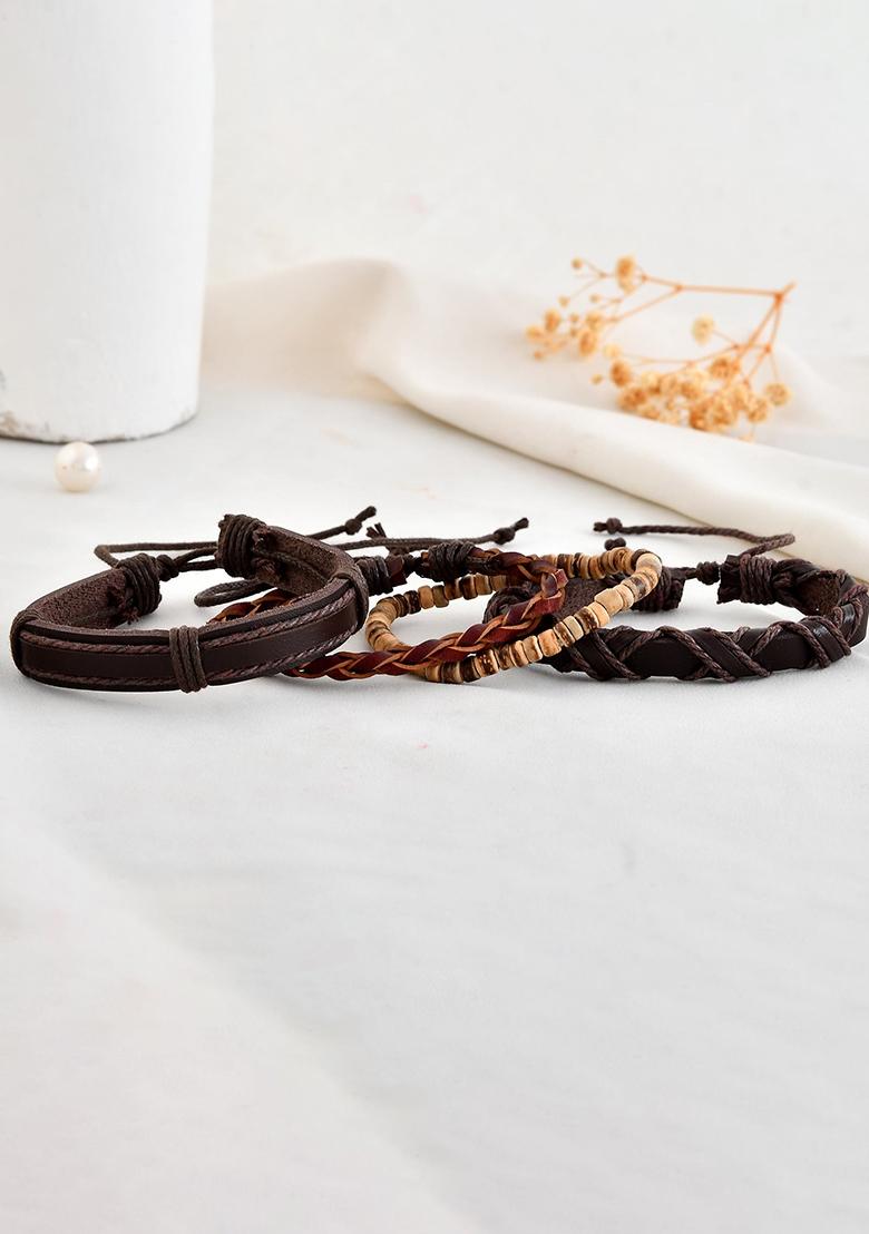 Men Set Of 4 Brown Leather Wraparound Bracelet