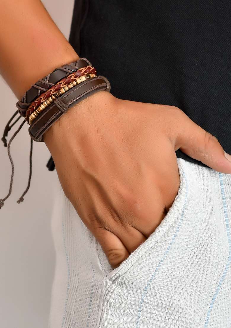 Men Set Of 4 Brown Leather Wraparound Bracelet - Indya