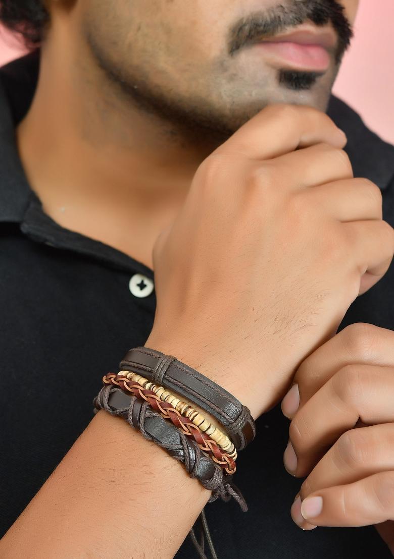 Men Set Of 4 Brown Leather Wraparound Bracelet