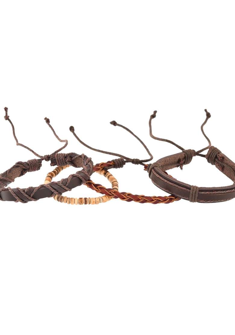 Men Set Of 4 Brown Leather Wraparound Bracelet - Indya