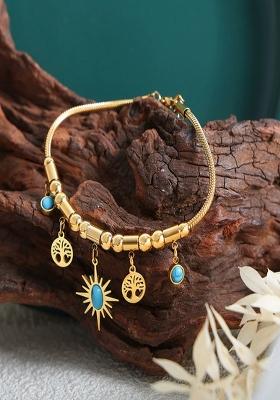 18K Gold Plated Anti Tarnish Blue Star And Tree Drops Charm Bracelet
