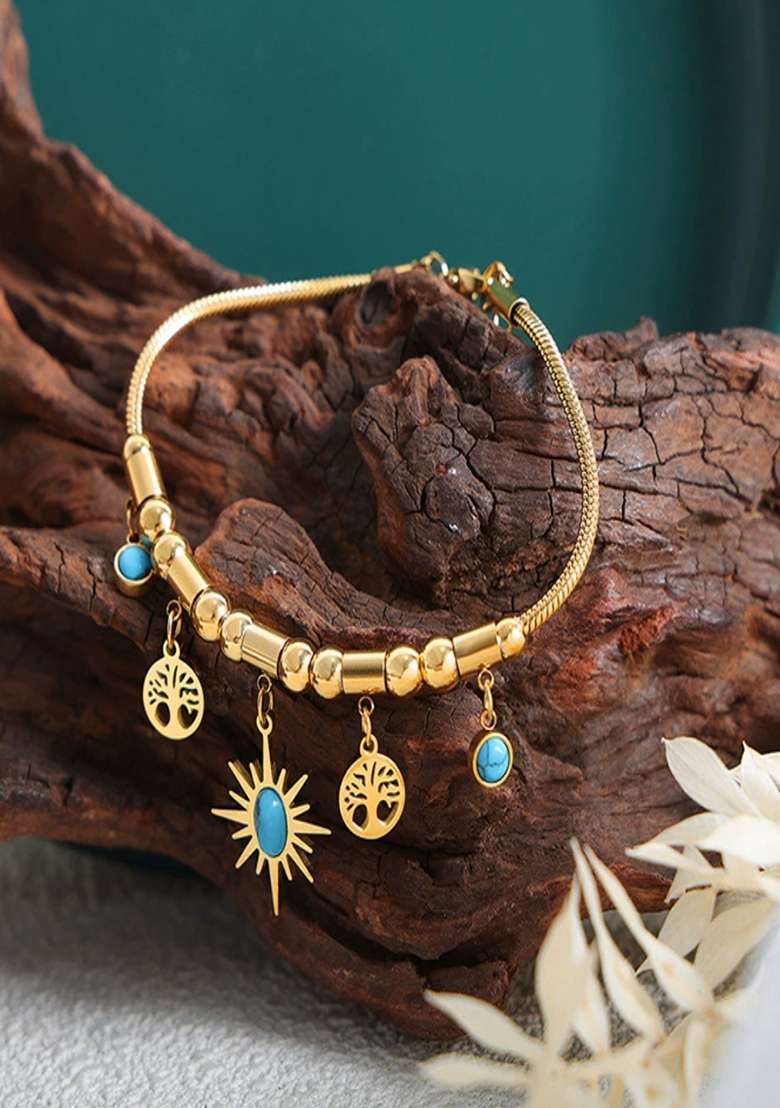 18K Gold Plated Anti Tarnish Blue Star And Tree Drops Charm Bracelet - Indya