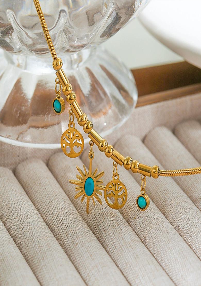 18K Gold Plated Anti Tarnish Blue Star And Tree Drops Charm Bracelet - Indya