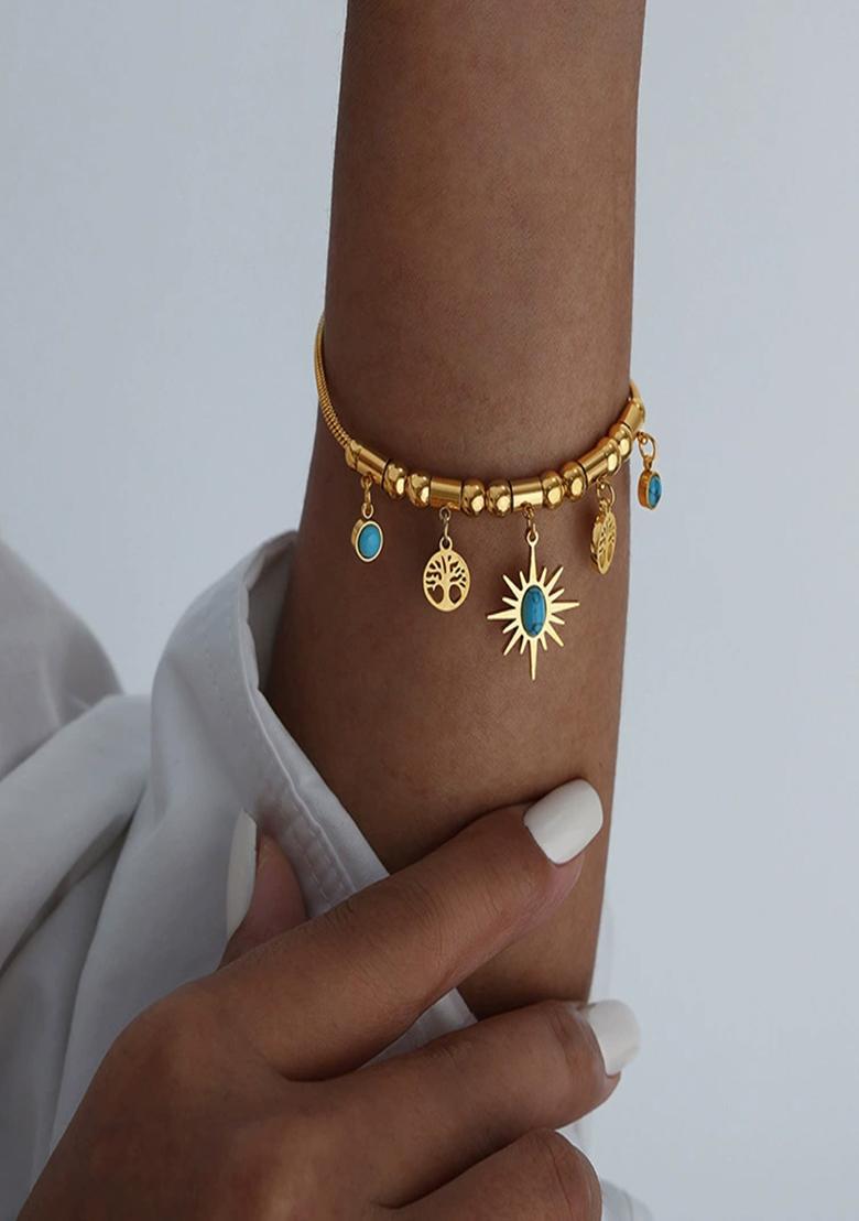 18K Gold Plated Anti Tarnish Blue Star And Tree Drops Charm Bracelet - Indya