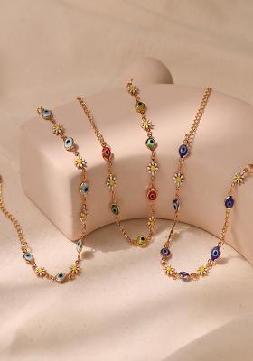18K Gold Plated Waterproof Antitarnish Multicolor Evil Eye And Daisy Charm Bracelet