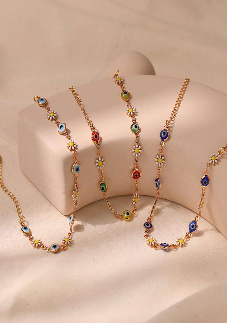 18K Gold Plated Waterproof Antitarnish Multicolor Evil Eye And Daisy Charm Bracelet - Indya