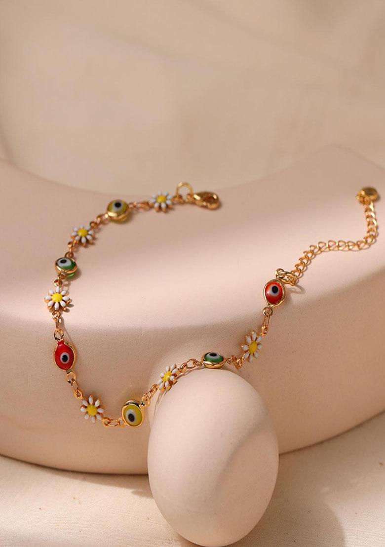 18K Gold Plated Waterproof Antitarnish Multicolor Evil Eye And Daisy Charm Bracelet