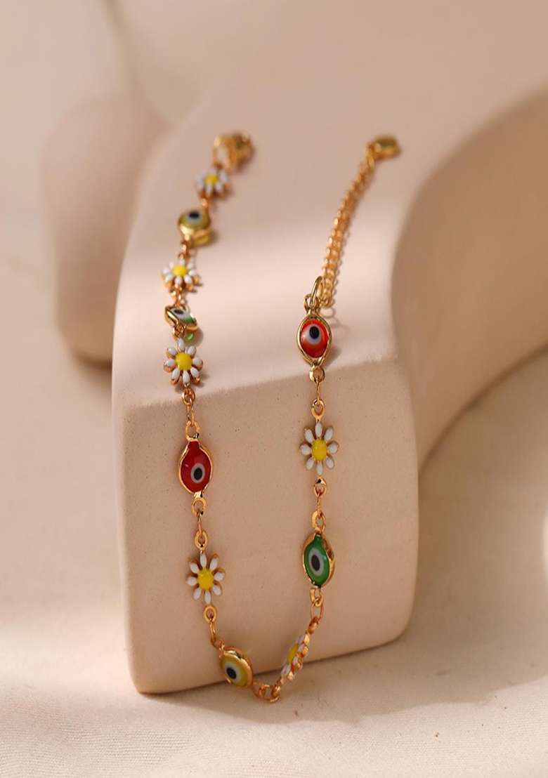 18K Gold Plated Waterproof Antitarnish Multicolor Evil Eye And Daisy Charm Bracelet - Indya