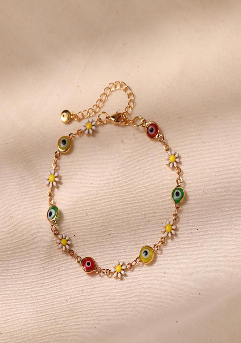 18K Gold Plated Waterproof Antitarnish Multicolor Evil Eye And Daisy Charm Bracelet