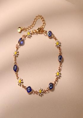 18K Gold Plated Waterproof Antitarnish Blue Evil Eye And Daisy Charm Bracelet