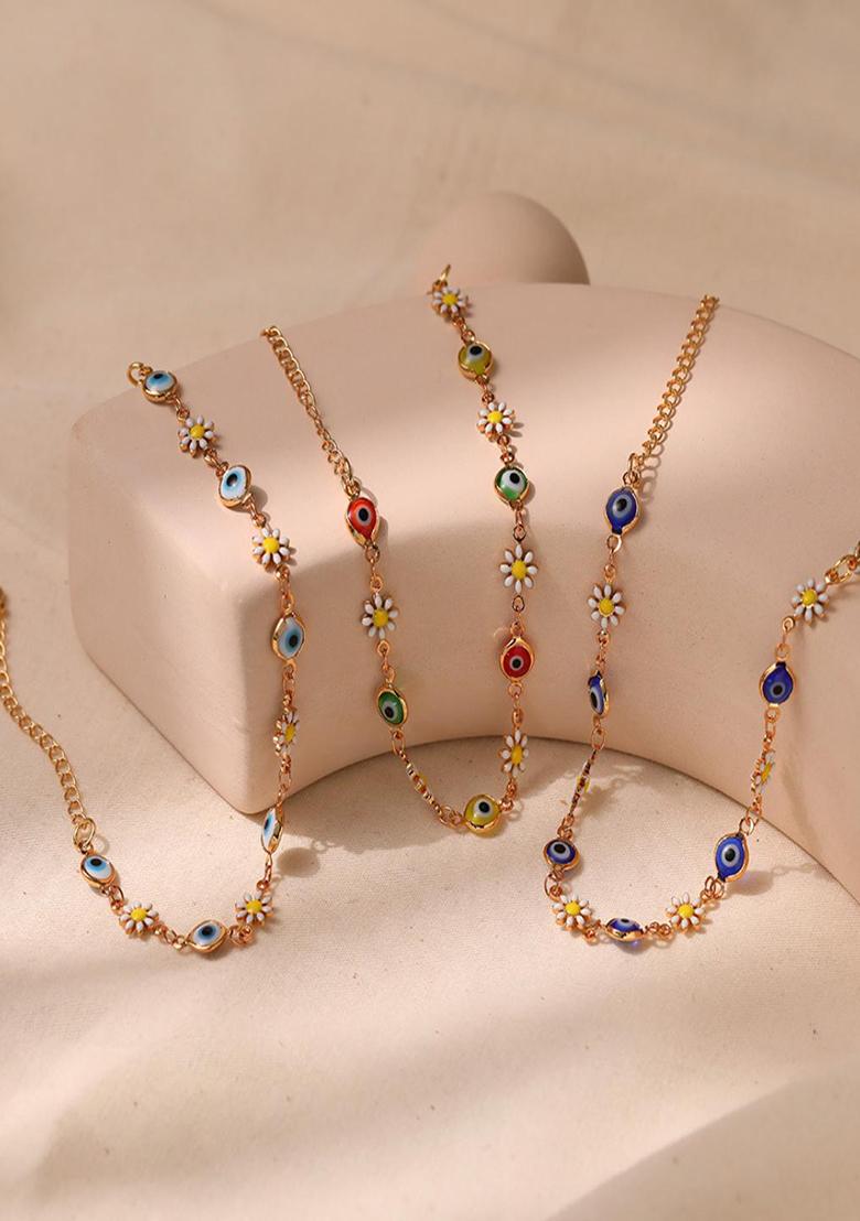 18K Gold Plated Waterproof Antitarnish Blue Evil Eye And Daisy Charm Bracelet