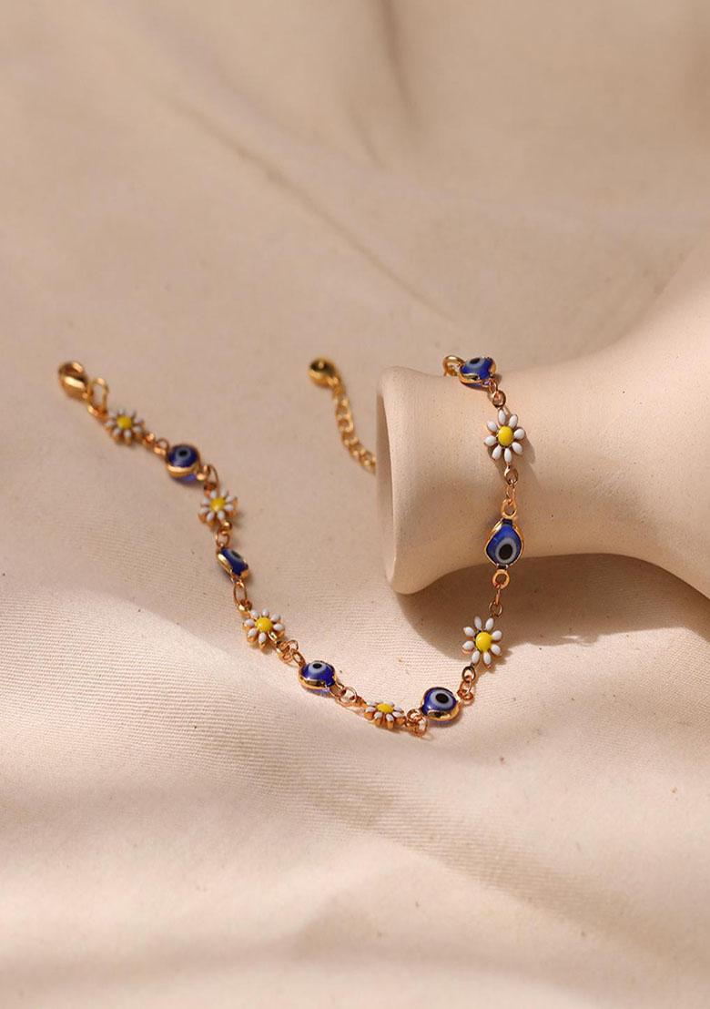 18K Gold Plated Waterproof Antitarnish Blue Evil Eye And Daisy Charm Bracelet