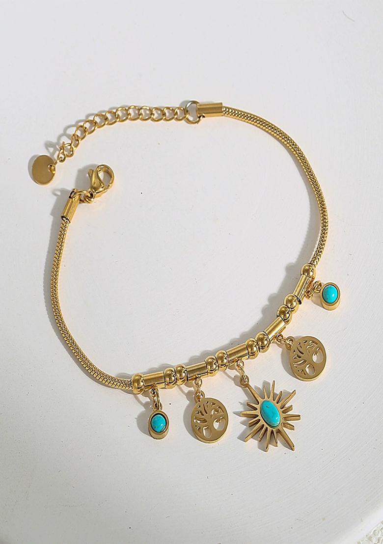 18K Gold Plated Anti Tarnish Blue Star And Tree Drops Charm Bracelet